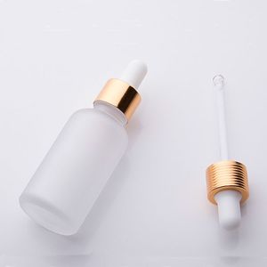 Toptan 30ml Buzlu Cam Damla Şişe Boş İletim Yağı Şişeler Serum Altın Şerit Siyah Kapak