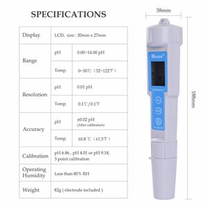 Impermeável CT-6023 Medidor de pH digital do tipo PH METERS PH METERS MONITOR DO TESTE PORTÁVEL DESTECTOR 0.00-14,00PH