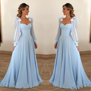 2023 Seksi Gökyüzü Mavi Gelin Elbiseler Anne Kare Boyun Şair Uzun Kollu Artı Boy Boyut Elbise Resmi Düğün Konuk Anne Elbise
