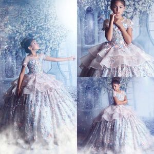 Princess Flowers Little Girls Pageant Dresses Extravagant Couture Ball Gown Beads Applique Teen Prom Gowns For Wedding Party Dress