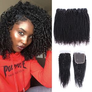 Afro Kinky Curly Hair Bundles With Closure Brazilian Virgin Hair 3 Bundles with 4x4 Lace Closure 10-28 Inch Remy Human Hair Extensions