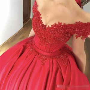 Quinceanera платья красная атласная лента элегантная с плеча