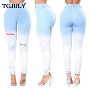 TCJULLY NEW Blue White Gradient Повседневная джинсы для женщин HORE разорванные тощий толчок карандаш брюки с высокой талией стрейч тонкие джинсы