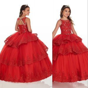 Corado rosa vermelho novo vestido barato vestidos jóia pescoço com mangas de renda de renda de miçangas em camadas tule garotas de flores vestidos de aniversário vestidos de aniversário