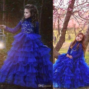 New Royal Blue Organza Little Girls Pageant Dresses Long Sleeves Jewel Neck Kids Ruffles Prom Dresses Birthday Party Gowns For Little Girls