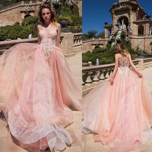 Pembe Beach Elbiseler Dantel Tül Aplike Organze Seksi İllüzyon Geri Boyun Özel Yapımı Düğün Gelin Gown Vestido De Novia