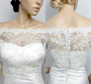2022 In Stock Off The Shoulder Wedding Jacket With Sleeves Bridal Lace Bolero For Evening Party Formal Dress Plus Size Custom Made