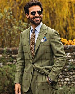 One Piece Handsome Green Men Suits Wedding Tuxedos New Fashion Damier Check Wool Blend Groom Men Slim Fit Coat for Man Custom Made