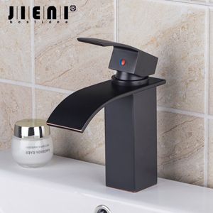 JIENI Oil Rubbed Bronze Finish Deck Mounted Bathroom Basin Mixer Tap Faucet Single Handle Waterfall Spout Bath Tap