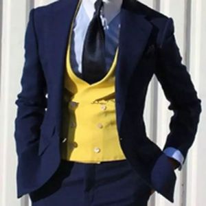 Marka Yeni Donanma Mavi Damat Smokin Çentik Yaka Groomsmen Erkek Gelinlik Moda Adam Ceket Blazer 3 Parça Takım Elbise (Ceket + Pantolon + Yelek + Kravat) 765
