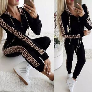 Roupas Femininas Set Suit Sport Treino Outfit manga comprida Hoodies e calças cópia do leopardo de camisola Casual