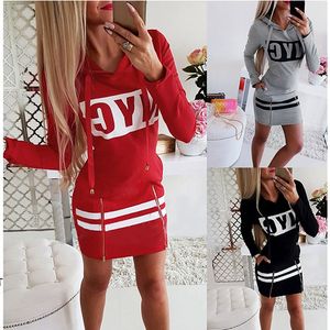 Günlük Elbiseler Sonbahar Kış Seksi Mektup Baskılı Mini Hoodies Elbise Moda Fermuar Bölünmüş Uzun Kollu Paket Kalça İnce Bayanlar