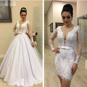 Luxury 2 In 1 short Wedding Dresses Sexy Sheer deep V Neck Long Sleeves beaded Lace Appliques Bow Sashes Bridal Gowns Detachable Train