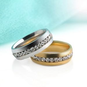 Paslanmaz çelik kristal alyans grubu One Row Diamond Gold Ring parmak çifti Kadın Erkek Takı