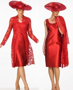 Kılıf Kırmızı Mmother gelinin uzun dantel ceket kepçe yakalı iki parça yakalı anne aşınma diz uzunluğu gece elbise