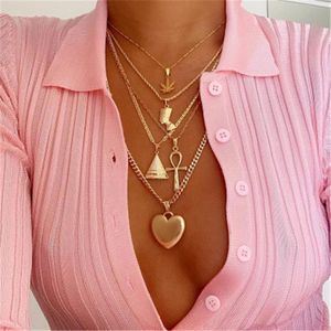 Altın Çok Katlı Kolye Akçaağaç Yaprağı Firavun Piramit Kalp Kolye Sarma Kolyeler Kolye İstifleri Kadın Moda Takı