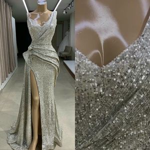 Silver Sequined Mermaid Prom Gowns V Neck Sparkly Front Split Evening Dress Backless Floor Length Formal Wear vestidos de novia