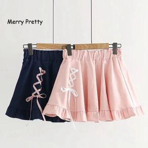 Merry Pretty Etek Yaz Kadın Pembe Tatlı Yüksek Bel Pileli Etek Lace Up Kawaii Denim Mini Etekler Faldas Mujer Moda 2019 CX200703