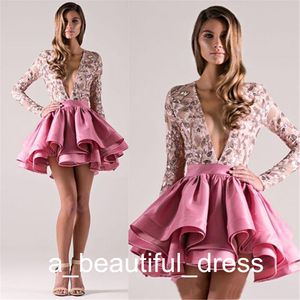 Short Prom Graduation Dresses A-Line Sequined Deep V Neckline Evening Gowns With Long Sleeves Occasion Dress Cheap GD7808