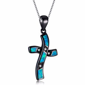 Оптовые-16 * 25 мм Синий / белый Огонь Опал Крест Ожерелья для Женщин 925 Стерлинговые Серебряные Украшения