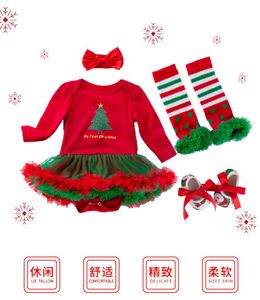 Set di abbigliamento per bambini XMAS Festival 0-24 mesi Pagliaccetto per neonata Tute in cotone Abito con volant + Scaldamuscoli + Scarpe + Fascia per capelli = 4 pezzi/set