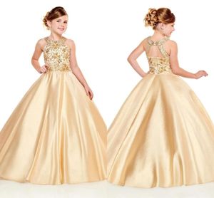 Altın Kızlar Pageant Elbiseleri Yular Bir Çizgi Boncuk Kristalleri Üst Uzun yürümeye başlayan çocuklar Resmi Doğum Günü Partisi Önlükleri Çiçek Kız Giyim BC3012