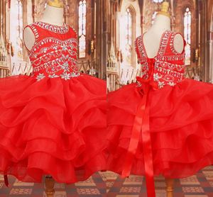 Güzel Kırmızı Organze fırfır Cupcake Kız Yarışması Elbise Kristal Boncuk Mücevher Parti Elbise Bebek Mezuniyet Elbise ilk komünyonu Dantel-up