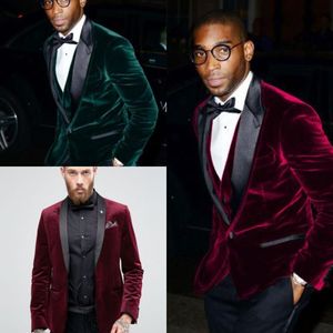 Burgundy Green Velvet Wedding Tuxedos Maroon Slim Fit blazers Formal Groomsmen suits Black shawl Lapel Outfits Groom Tuxedos For Men 2019