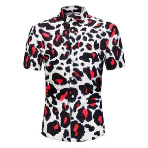 Red Leopard Print Shirts for Men Summer Fashion Short Sleeve Tees Single Breasted Breathable Slim Fit Shirt M-2XL
