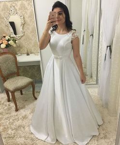 Seksi Aç Geri Kap Sleeve Gelinlik Modelleri Uzun Zarif Beyaz A-Line Örgün Parti Elbise Ile Kemer Vestidos de Gala