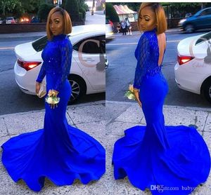 Afrika Siyah Kızlar Ucuz Kraliyet Mavi Denizkızı Promu Elbiseler Kollu Mücevher Boyun Seksi Sırtsız Resmi Elbise Akşam Elbise Uzun Vestidos 330 330