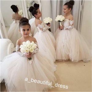 Düğünler Mücevher Boyun çizgisi Uzun Kollu Custom Made Kızlar Yarışması Önlük A-line Kid doğum günü partisi elbise FG1251 için Dantel Çiçek Kız Elbise