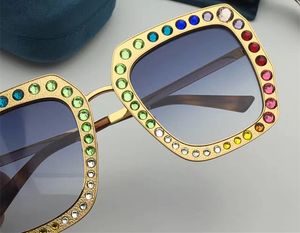 Großhandels-Designer-Sonnenbrille 0115 Metall quadratischer Rahmen Mosaik glänzender Kristall bunter Diamant Top-Qualität UV400-Linse mit Originalverpackung