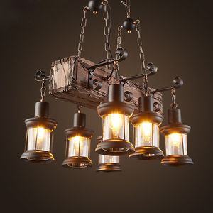 L￢mpadas pendentes 6 cabe￧as Industrial Loft Countryside Vintage Lustre de lustre de madeira Luzes pedantes para a sala de caf￩ da sala de caf￩ decorar l￢mpada