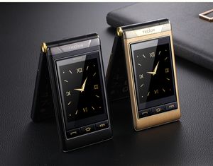 Luxury Flip 3G WCDMA Золотые мобильные телефоны Металлический корпус Большой Кнопка Двойной дисплей CallЧный 3,0 дюймовый сенсорный экран SOS One Key Dial Cital Старик для мобильного телефона