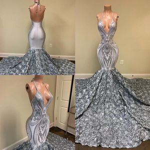 Silver Mermaid Evening Gowns Sexy Halter Lace Appliques Prom Dress Sweep Train 3D Flower Red Carpet Party Gown