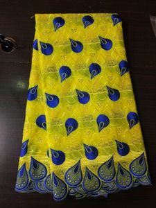 5yards / pc Charming malha laço do bordado do laço de tecido de algodão amarelo e azul suíço voile Africano com pedra para BC59-1 vestido