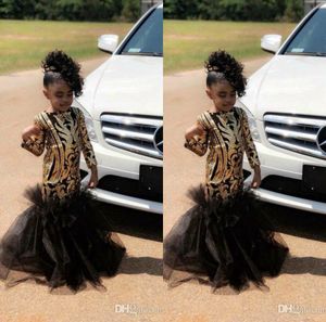 2019 Siyah ve Altın Mermaid Çiçek Kız Elbise Sequins ile Dantel Fırfır Tren Kızlar Pageant Elbise Artı Boyutu Resmi Küçük Balo Parti Abiye