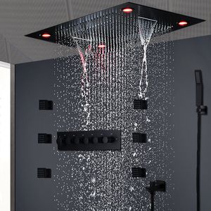 Modern Matt Siyah Duş Seti Gizli Tavan Masaj Büyük Yağmur Şelale Duş Paneli Baş Termostatik Yüksek Akış Duş