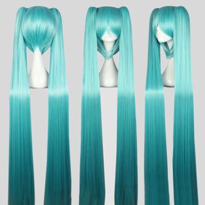 For Vocaloid Hatsune Miku Figure Mix Flat Bangs Synthetic Hair Women Long Straight Blue Full Wigs with Bangs 2 Ponytails Anime Cosplay Hair