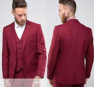 Kırmızı Slim Fit Damat Smokin Çentik Yaka Merkezi Havalandırma Groomsmen Erkek Gelinlik Mükemmel Adam Takım Elbise (Ceket + Pantolon + Yelek)