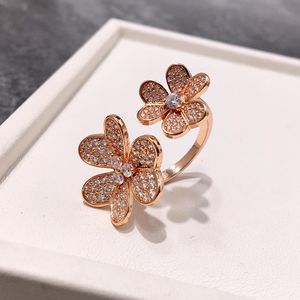 Jóias fashion cheias de trevo de diamante seis flores abrindo flor dupla anel de prata ouro rosa para mulher