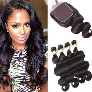 Malaysian Human Hair 4 Bundles With 6X6 Lace Closure Baby Hair Middle Three Free Part Body Wave Extensions 6 By Six Closures