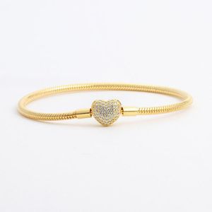 Amarelo Banhado A Ouro CZ Diamante Coração Pulseiras Conjunto Caixa Original Sier Snake Chain Pulseira para Mulheres Jóias de Casamento