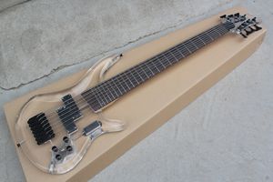 Заводская 7-струнная прозрачная электрическая бас-гитара на заказ с корпусом из акрилового стекла, гриф из палисандра, черная фурнитура, индивидуальное предложение