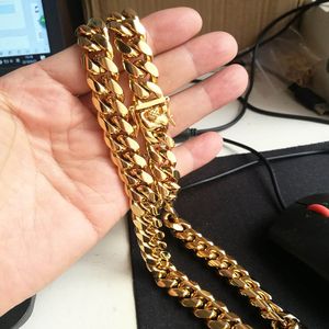 Joias de aço inoxidável banhado a ouro 18K colar de elo cubano polido alto masculino corrente punk curb dragão trava fecho 15 mm 18 polegadas-30 polegadas