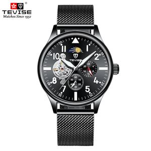 Tevise Men Автоматические механические часы Черный Полная сталь Tourbillon Наручные часы Мун Фасты Хронографа Мужской Часы