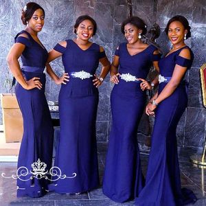 2020 Yeni Kraliyet Mavi Saten Uzun Gelinlik Modelleri Kısa Kollu Boncuk Kanat Afrika Kadınlar Mermaid Hizmetçi Onur Elbise Parti Elbiseleri