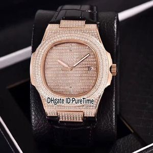 Новый классический 5719 / 1G-001 Best Edition 18-каратного розового золота All Diamond Dial Автоматические мужские часы Синий кожаный ремешок Спортивные часы Puretime P287c3