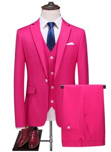 Мужские костюмы, пиджаки, ярко-розовые новейшие мужские костюмы из 3 предметов (стоимость + жилет + брюки), однотонный костюм с плоскими лацканами, Homme, повседневный смокинг для выпускного, облегающий костюм